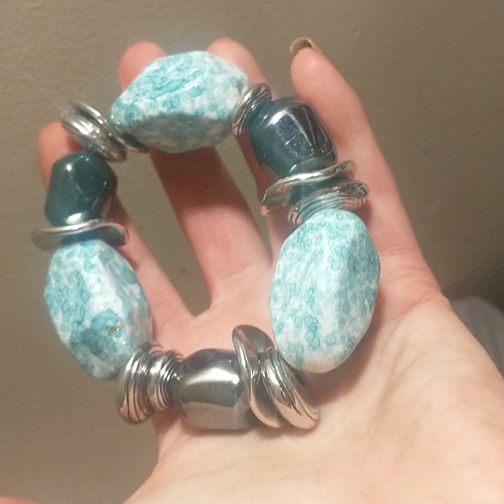 3X! PAPARAZZI Large black, blue & peach silver beaded slip on stretch bracelets - Picture 9 of 13